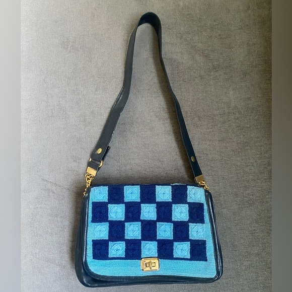 Vintage Needlepoint and Leather Blue Shoulder Bag - Picture 1 of 11